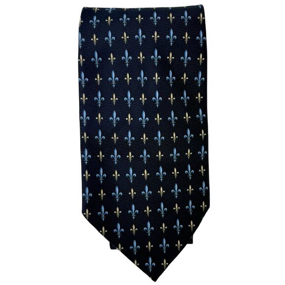 Alberto Piano Silk Tie Dark Blue with Fleur-de-lis Pattern 59.5" - Picture 1 of 5